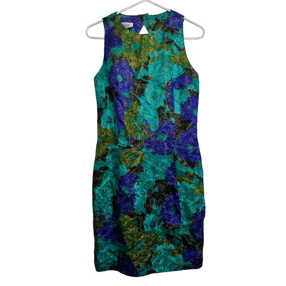 Gillian Silk Dress Floral Sleeveless Sheath Blue Green Metallic Cutouts Size 6